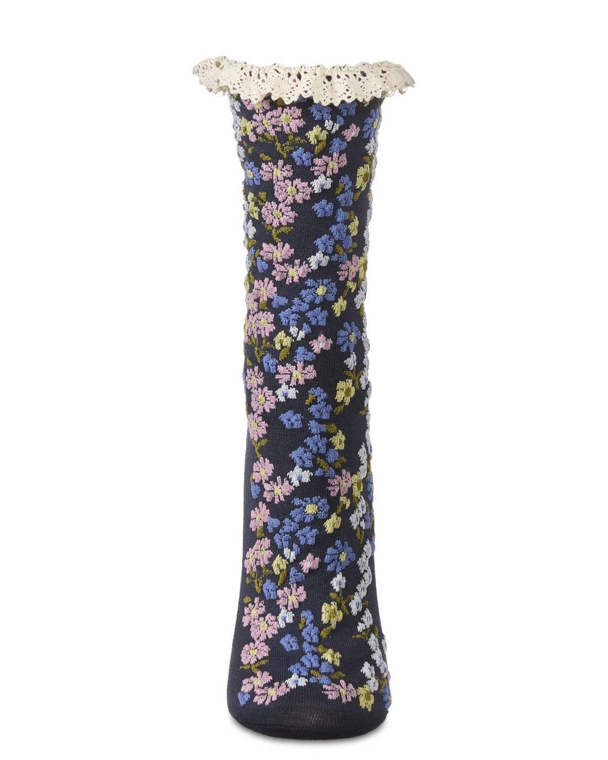 Memoi Liberty Floral Lace Cuff Crew Socks