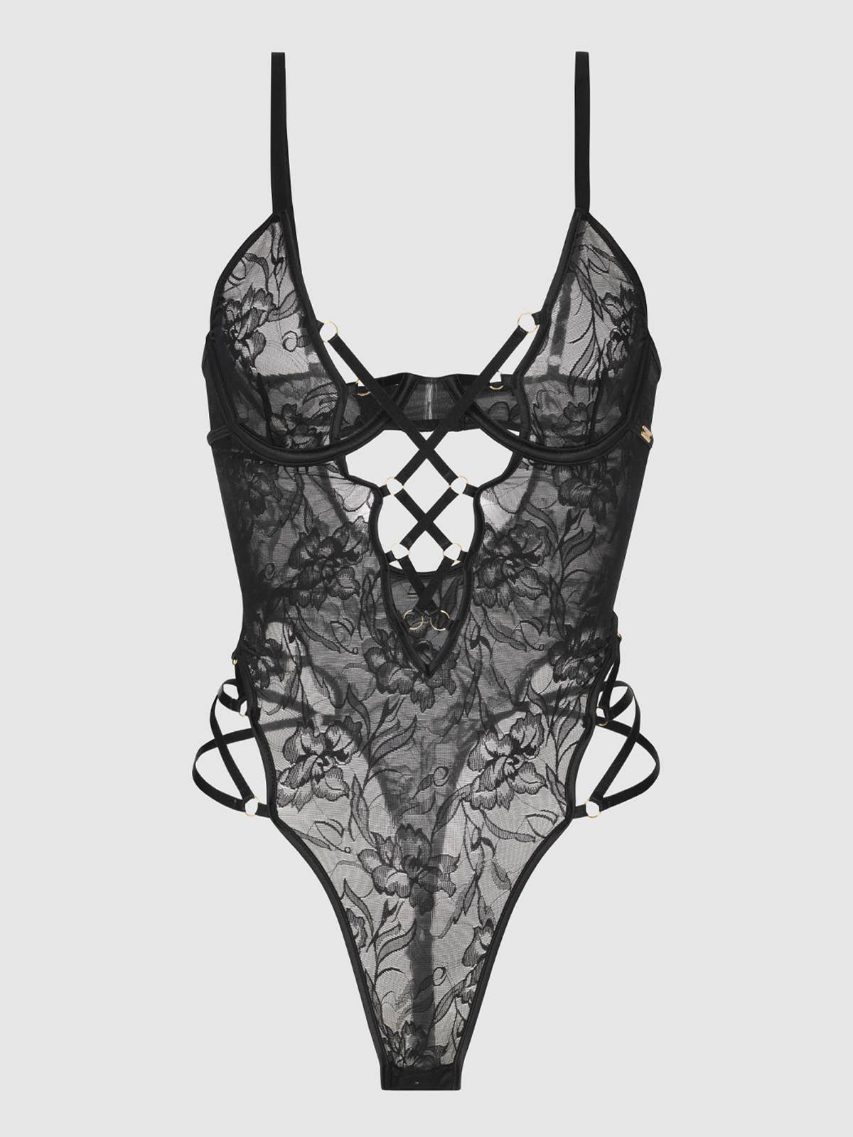 FLORA STRAPPY LACE TEDDY: Black
