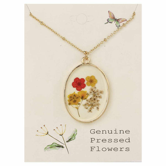 Red & yellow vintage style pressed flower necklace