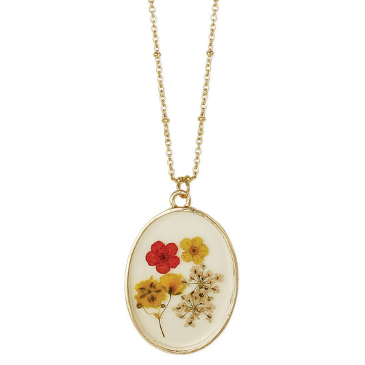 Red & yellow vintage style pressed flower necklace
