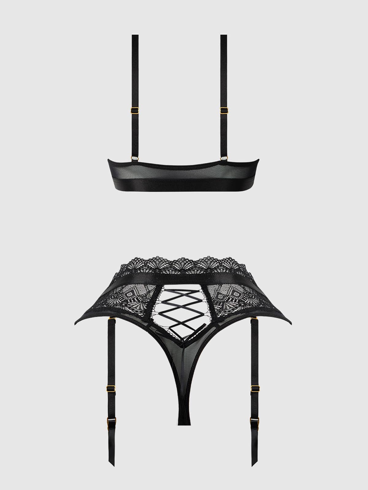 Vivienne lace mesh brallete and matching high waisted panty with removable garters & lace up details