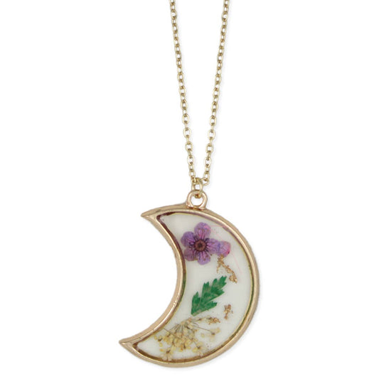 Purple Floral Moon Dried Flower Gold Necklace