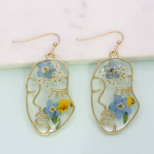 Genuine pressed flower blooming muse earrings -Blue-