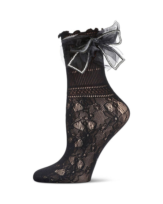 Black Rhinestone Bow Net Crew Socks