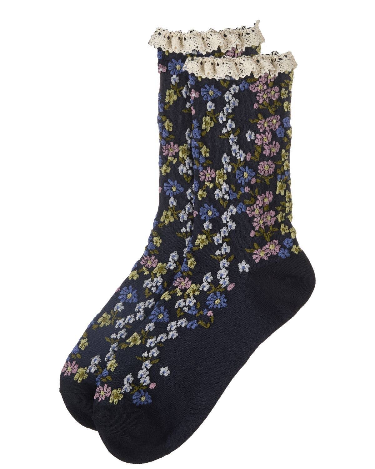Memoi Liberty Floral Lace Cuff Crew Socks