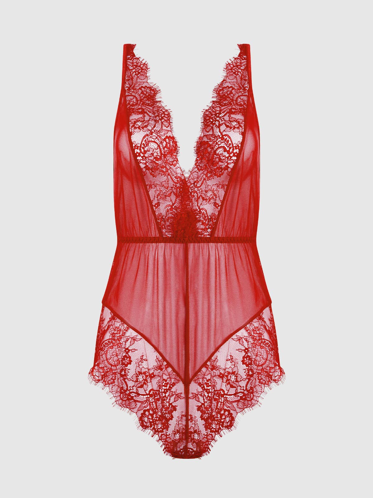 Mila Sensually sheer red mesh teddy with hip slits
