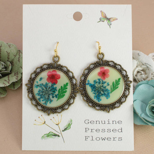 Antique Gold Dried Flower Cameo Earrings