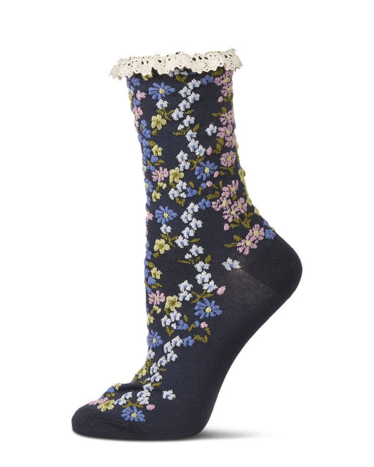 Memoi Liberty Floral Lace Cuff Crew Socks