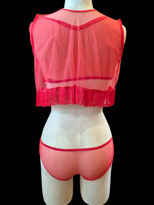 Vintage 1960s 3 pc Red Fringe Burlesque Lingerie Set