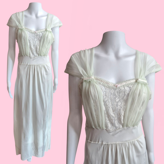 Vtg 1940s pale green negligee with sheer lace bodice size L
