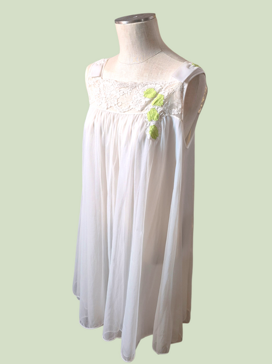 Vintage 50s/60s Vanity Fair White double layer chiffon babydoll with green accents