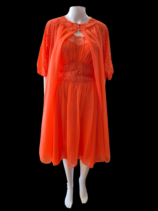 Vintage 1950s Vanity Fair Red Chiffon Negligee & Peignoir set