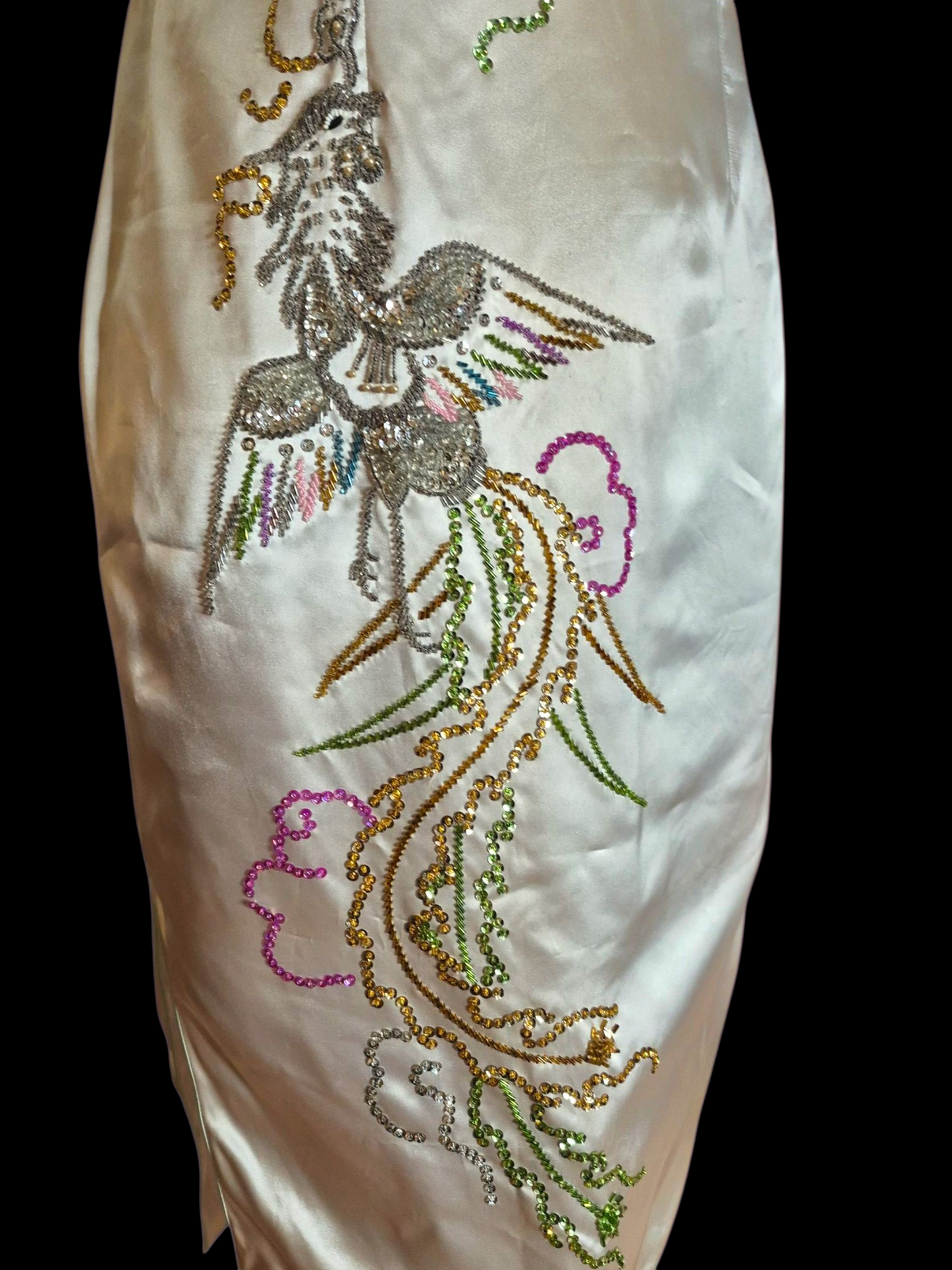 Vintage 1950s Silver Satin Sequin Dragon Qipao Dress M/L