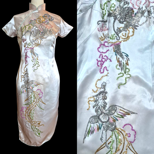 Vintage 1950s Silver Satin Sequin Dragon Qipao Dress M/L