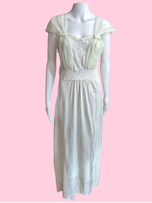Vtg 1940s pale green negligee with sheer lace bodice size L
