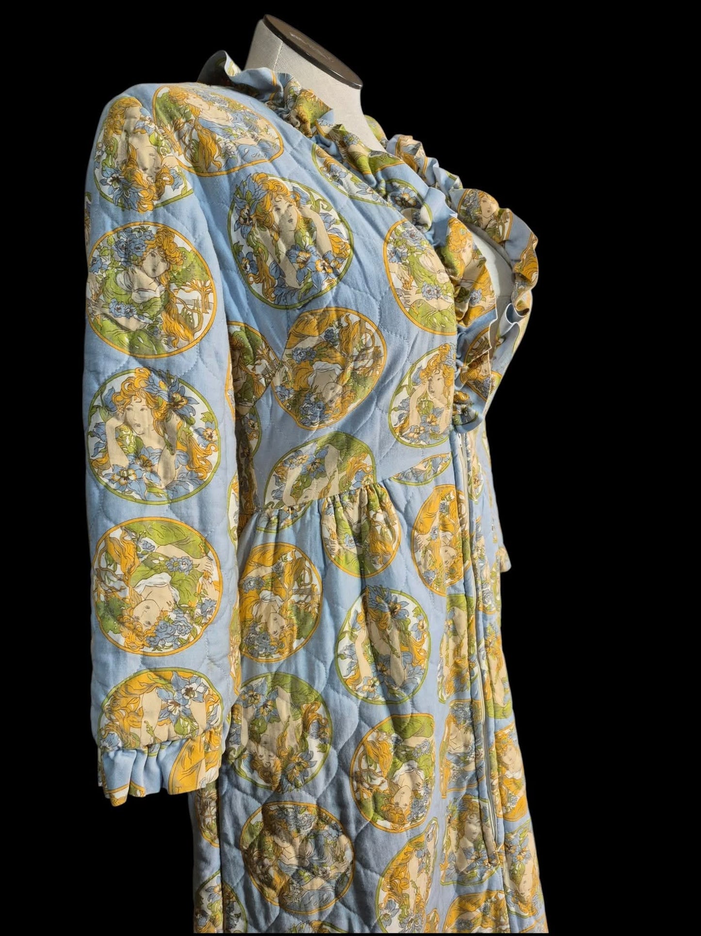 Vintage 70s Quilted Dressing Gown with art deco ladies by Louise Marie