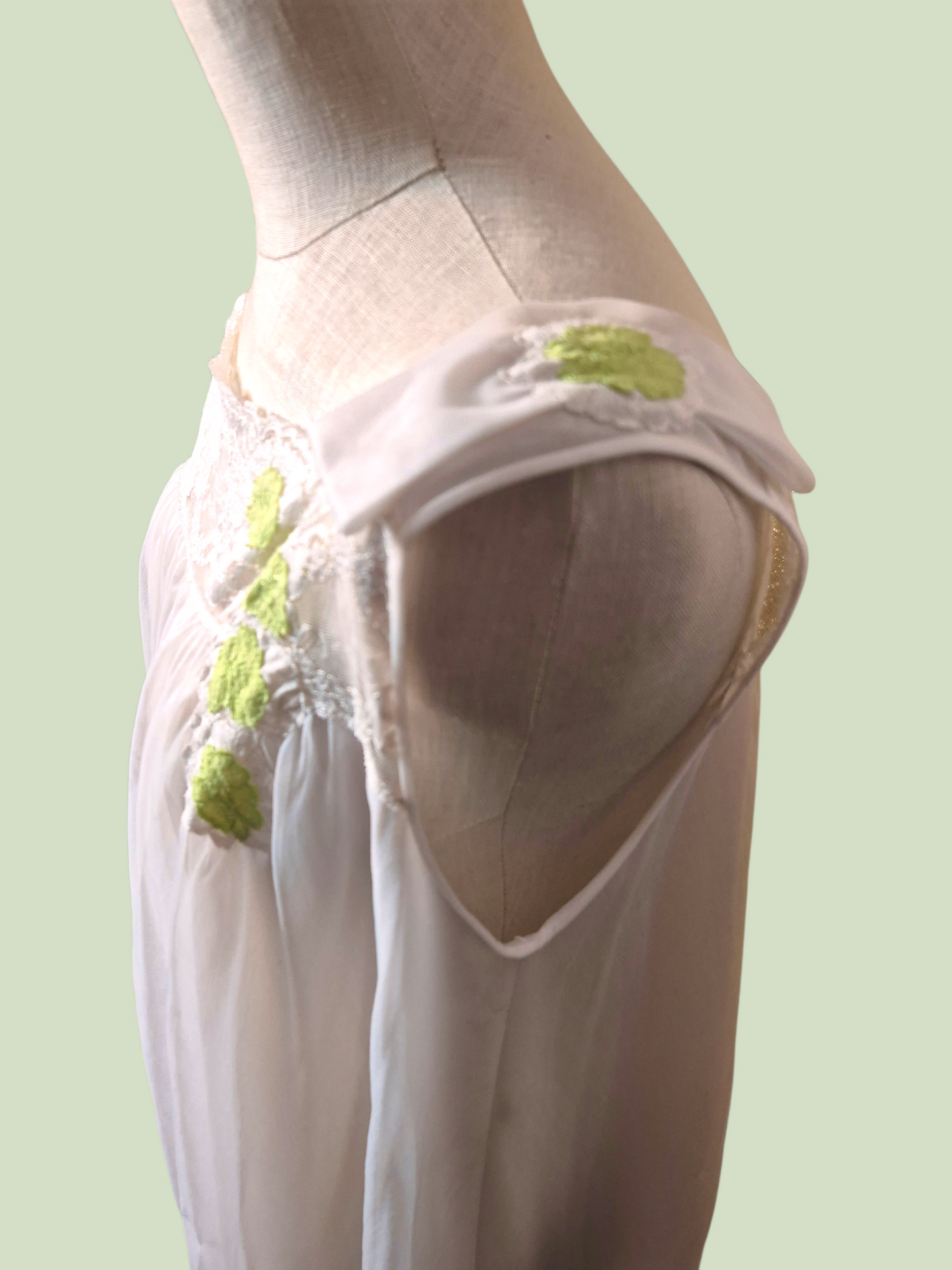 Vintage 50s/60s Vanity Fair White double layer chiffon babydoll with green accents