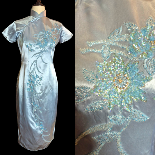 Vintage 1950s Blue Satin Qipao Dress with Sequin Floral design sz M/L