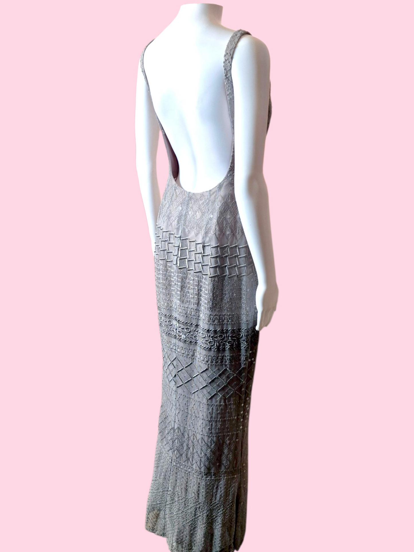 ⭐️Designer⭐️ Vintage 1990s Archival Ineptie Paris Art Deco Embroidered Column Gown with Sequins