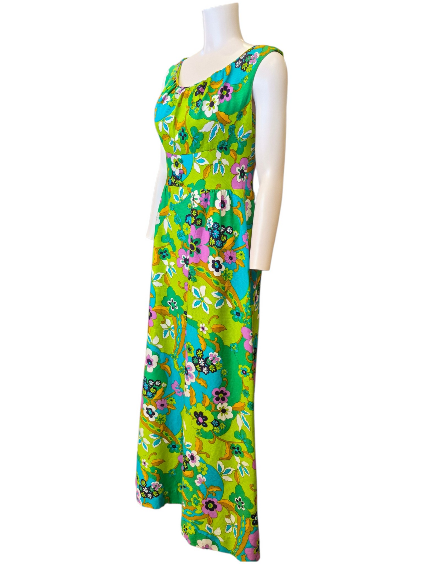 Vintage 1960s Psychedelic Flower Power Maxi Dress | Green & Turquoise Mod Resort Gown