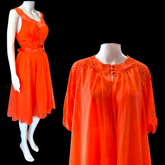Vintage 1950s Vanity Fair Red Chiffon Negligee & Peignoir set
