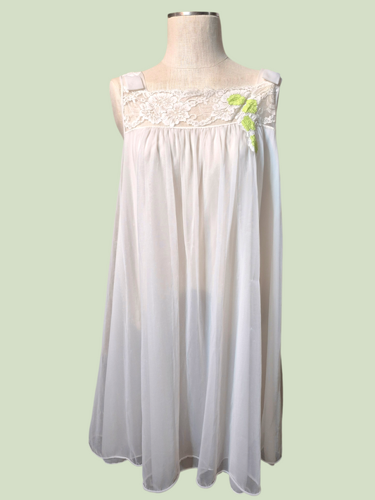 Vintage 50s/60s Vanity Fair White double layer chiffon babydoll with green accents