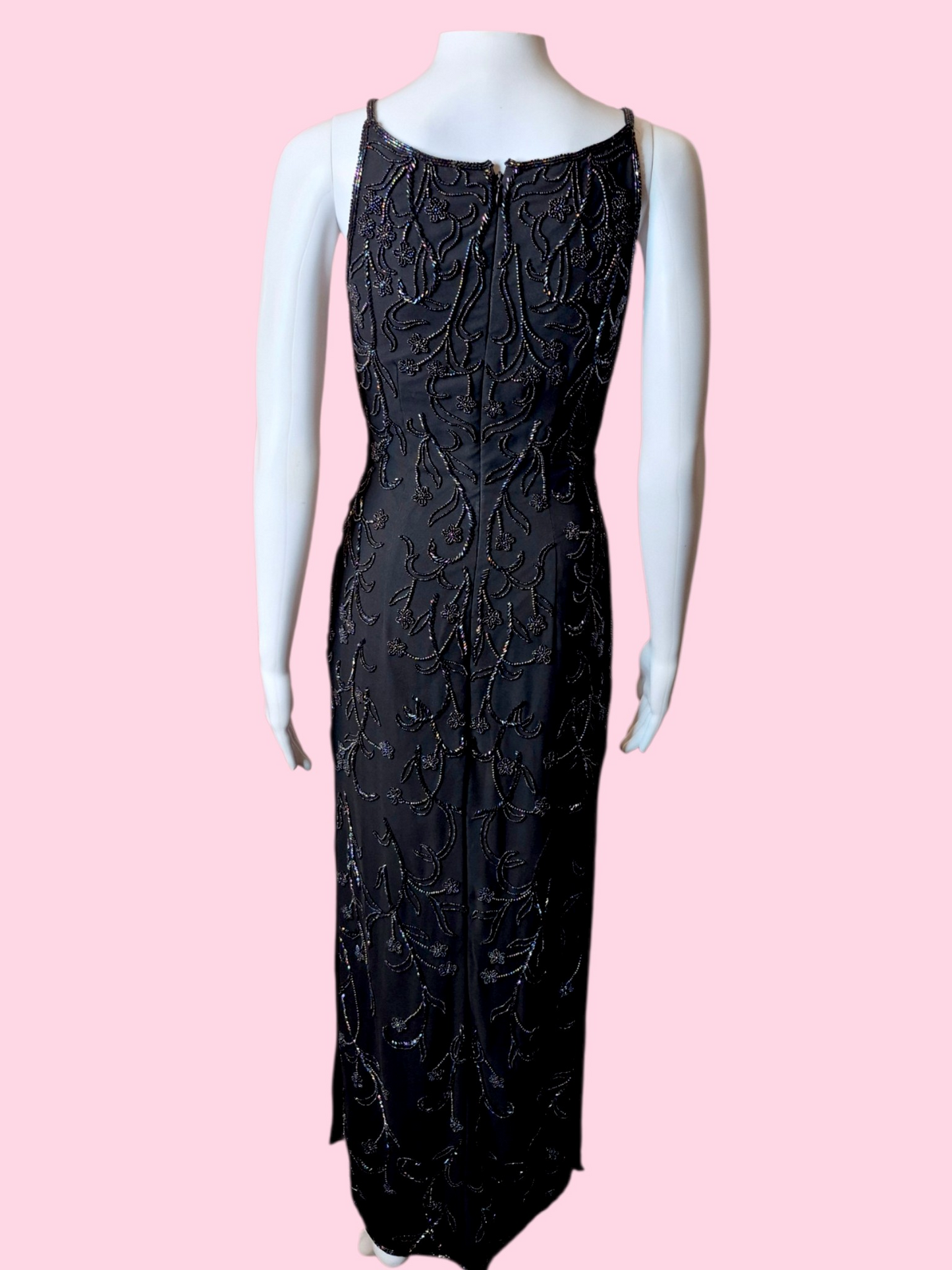 Vintage 1990s Black evening gown with Iridescent floral beadwork by Sean Collection