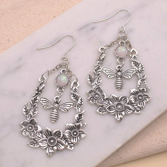 Secret Garden Bee Flower Silver Earrings