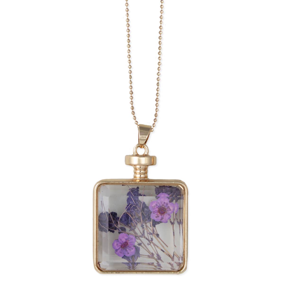 Purple Glass & Dried Flower Goldtone Necklace