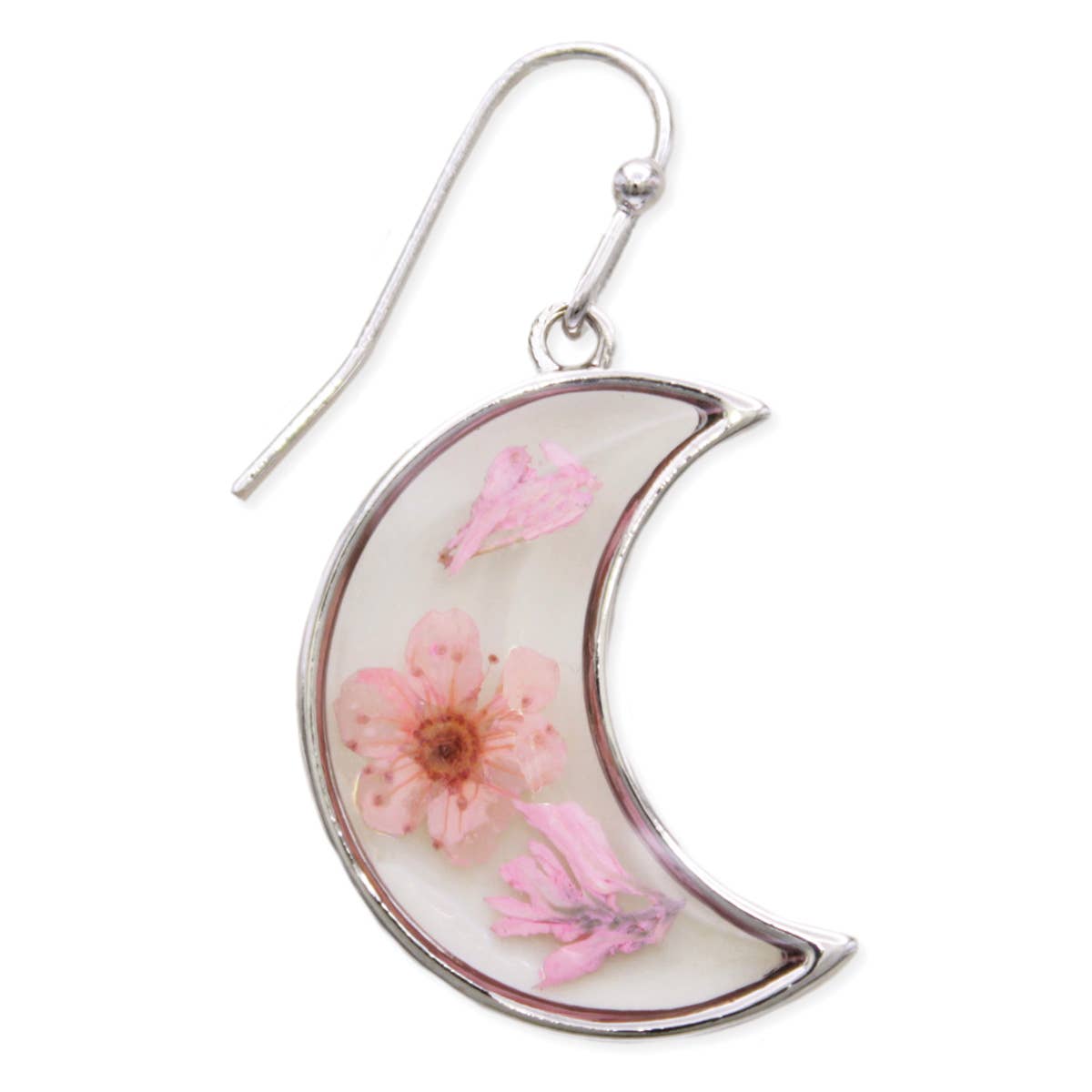 Pink Dried Flower Silver Moon Earrings