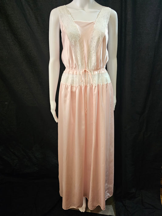 Vintage 1963-74 pink satin gown with sheer lace insets by Blanche Intimates