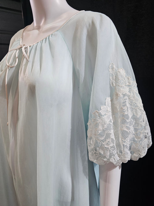 Vintage 1960s Pastel Blue double layer chiffon and lace Peignoir