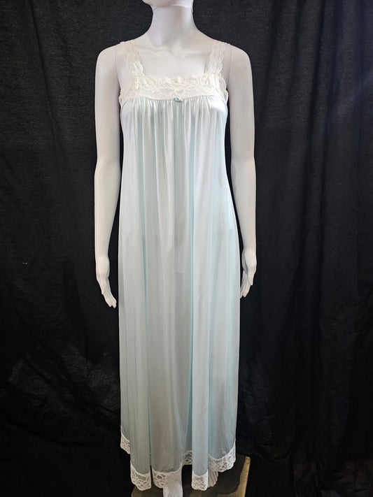 1970s pale blue semi sheer nylon negligee with white lace