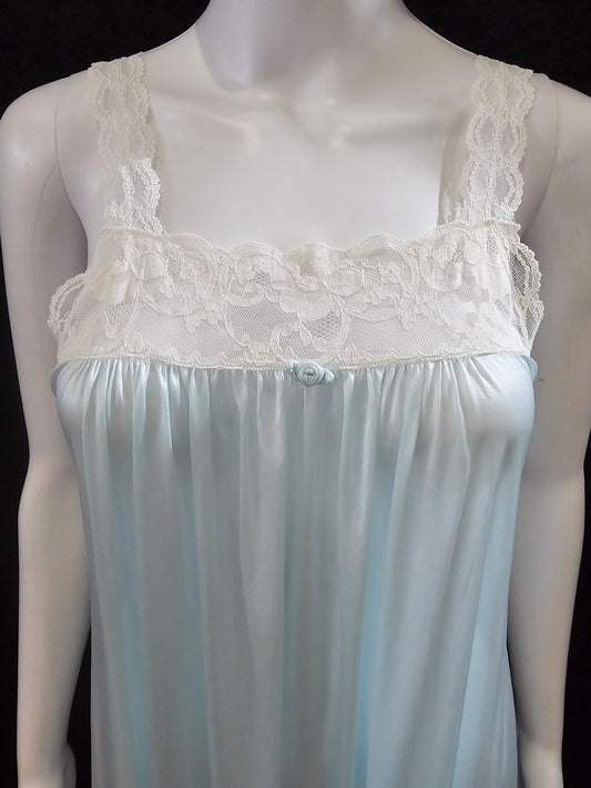 1970s pale blue semi sheer nylon negligee with white lace