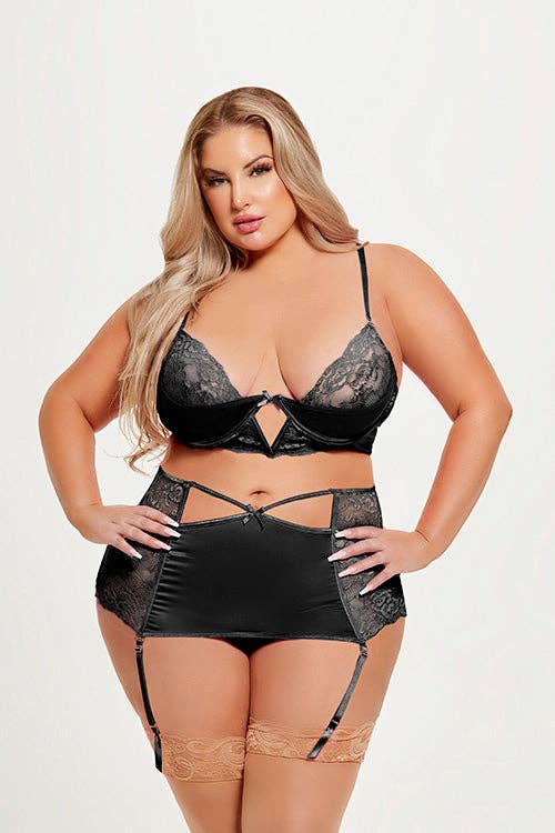 NATASHA THREE PIECE BRA, GARTER SKIRT & G-STRING SET: BLACK