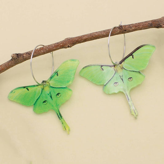 Spring Green Luna Moth Silver Hoop Earrings