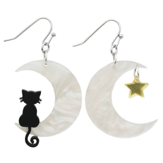 Sitting Kitty Crescent Moon Earrings