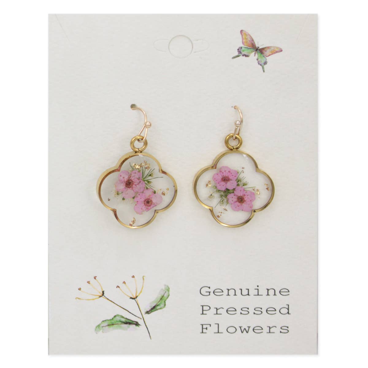 Pink Dried Flower Gold Clover Earrings