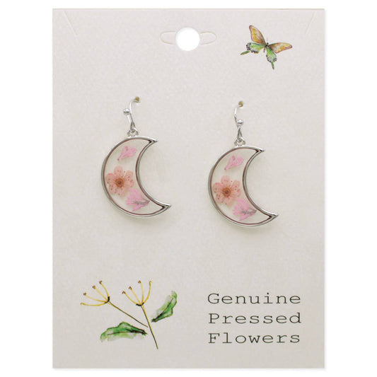 Pink Dried Flower Silver Moon Earrings