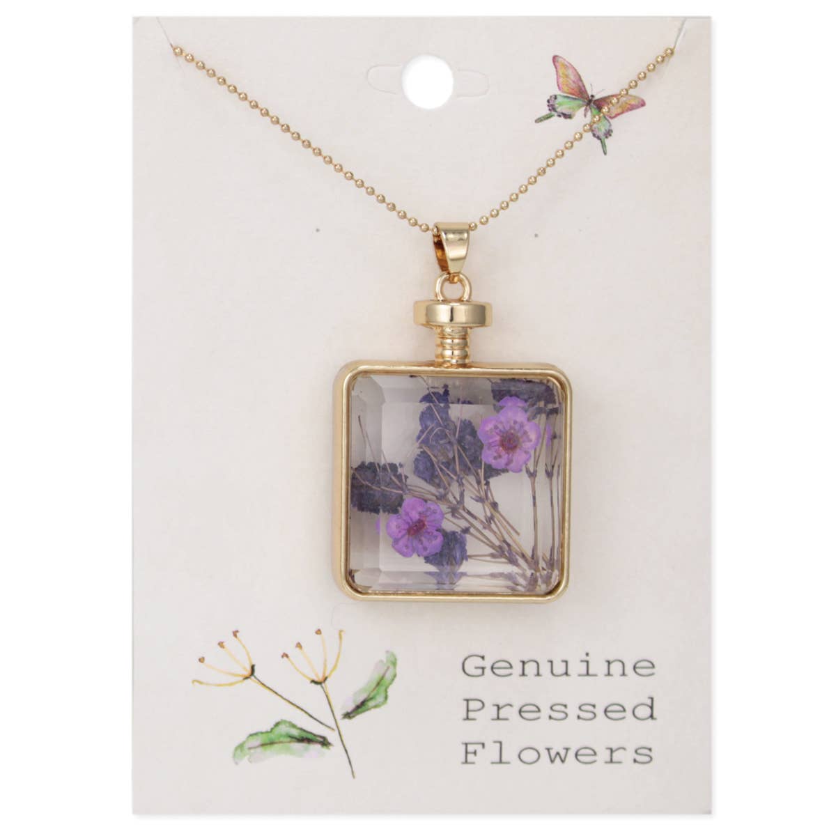 Purple Glass & Dried Flower Goldtone Necklace