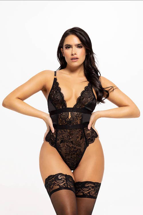 HELENA Black Lace Teddy with Galloon Lace