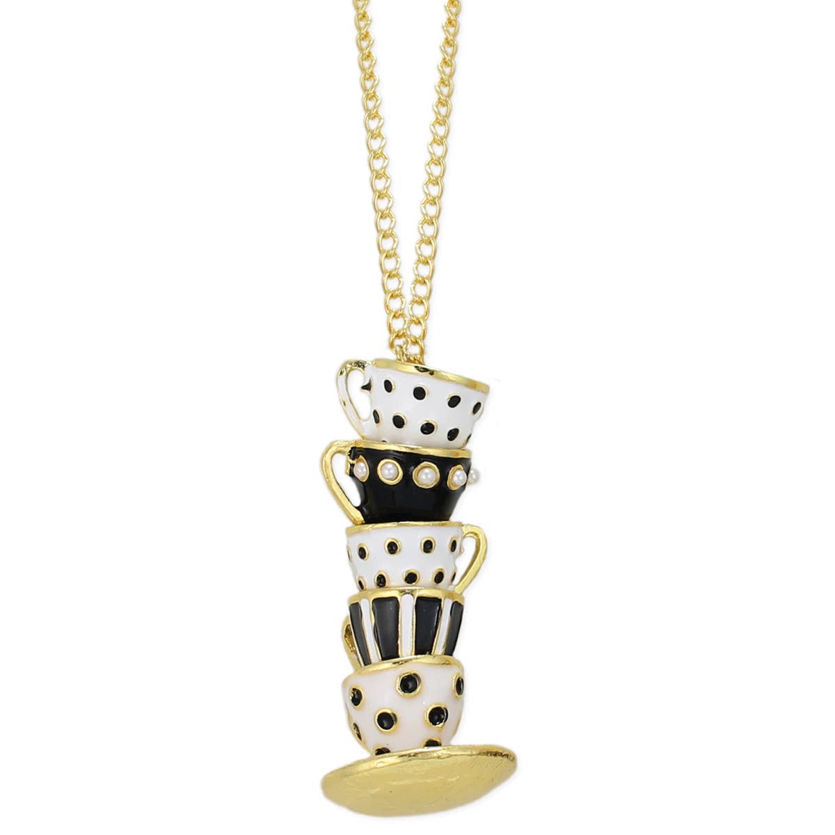 Mad Hatter Black Teacup Stack Gold Necklace