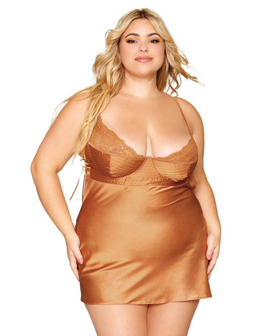 Copper Stretch Satin Chemise with Pintucking and Lace Details