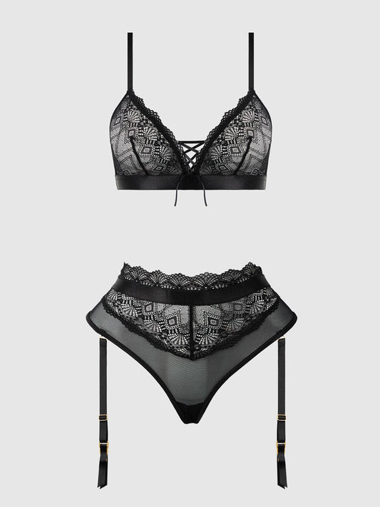 Vivienne lace mesh brallete and matching high waisted panty with removable garters & lace up details
