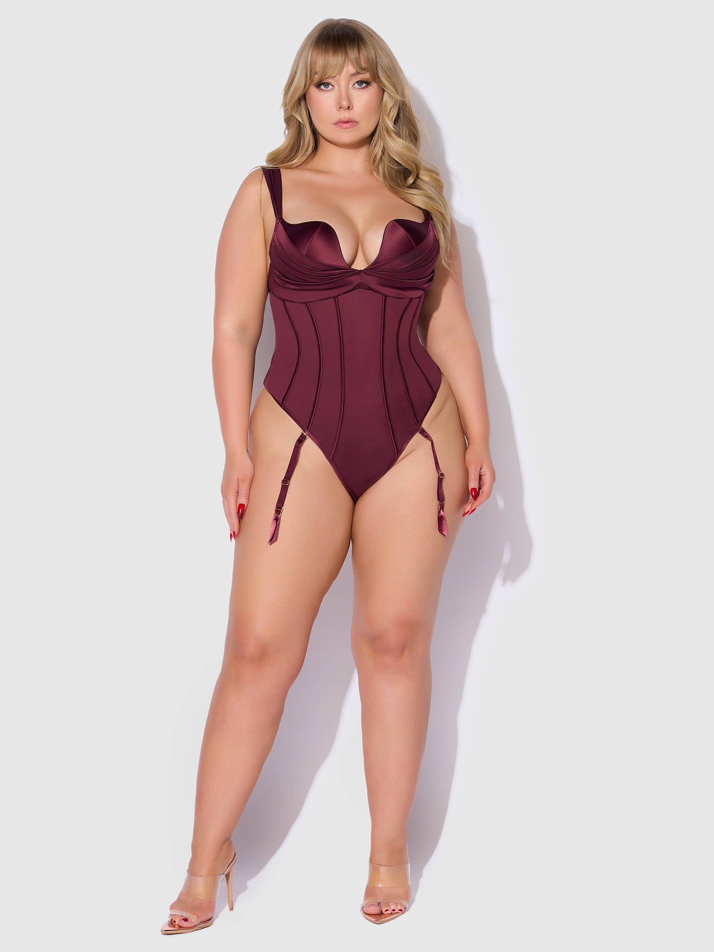Burgundy Satin Corset Push-Up Teddy