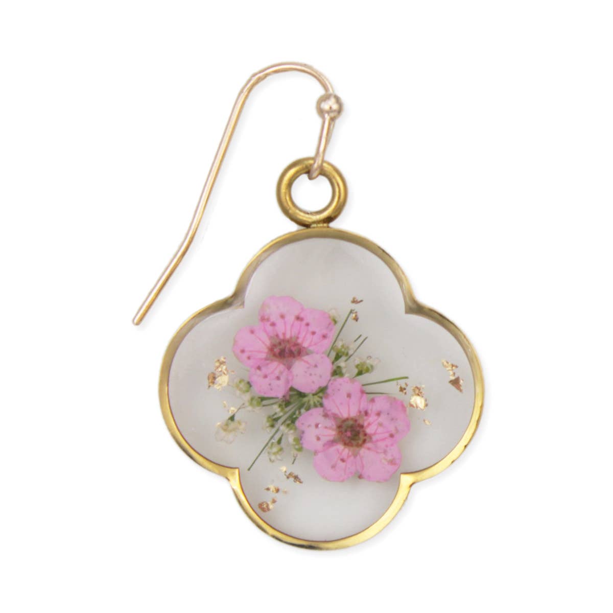 Pink Dried Flower Gold Clover Earrings