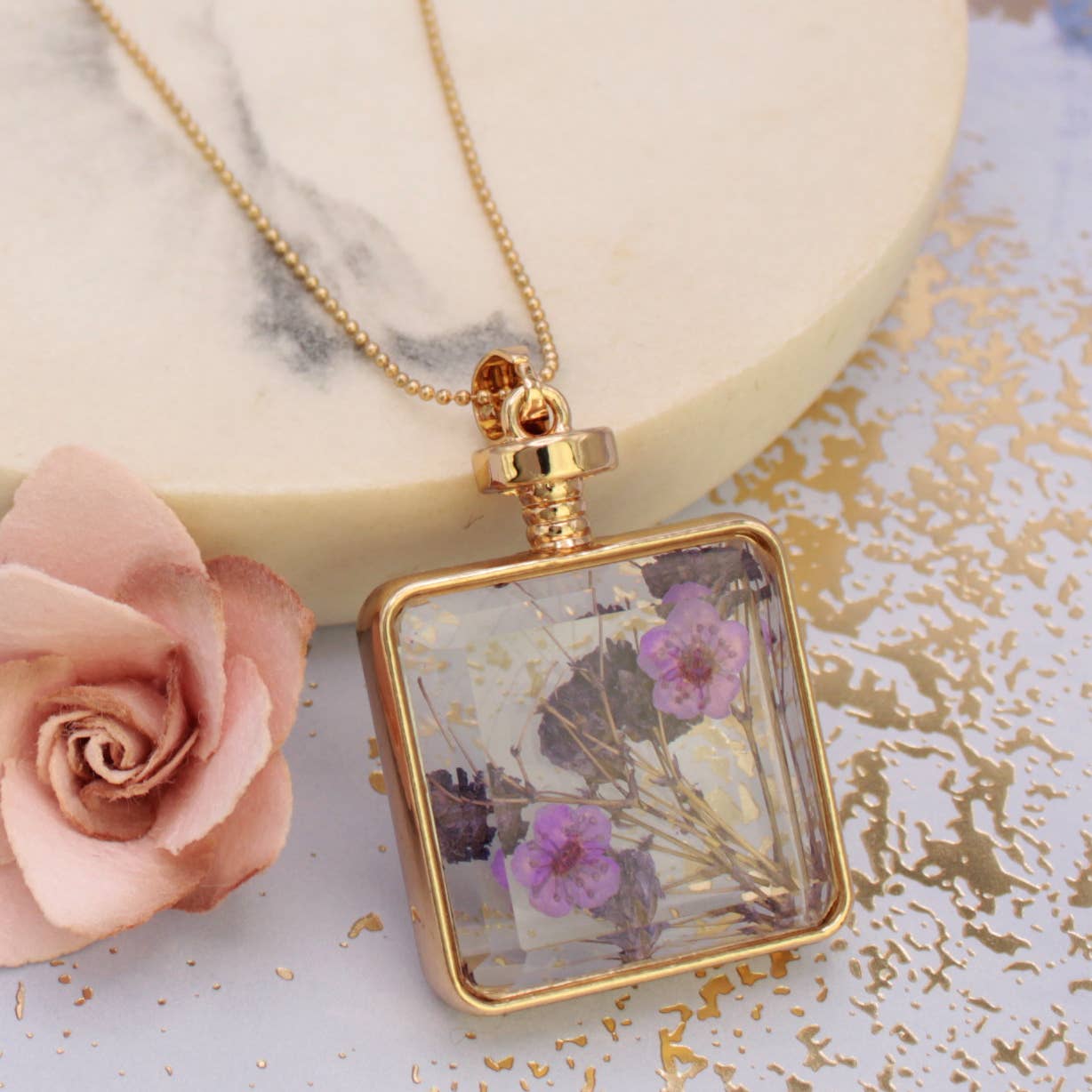 Purple Glass & Dried Flower Goldtone Necklace