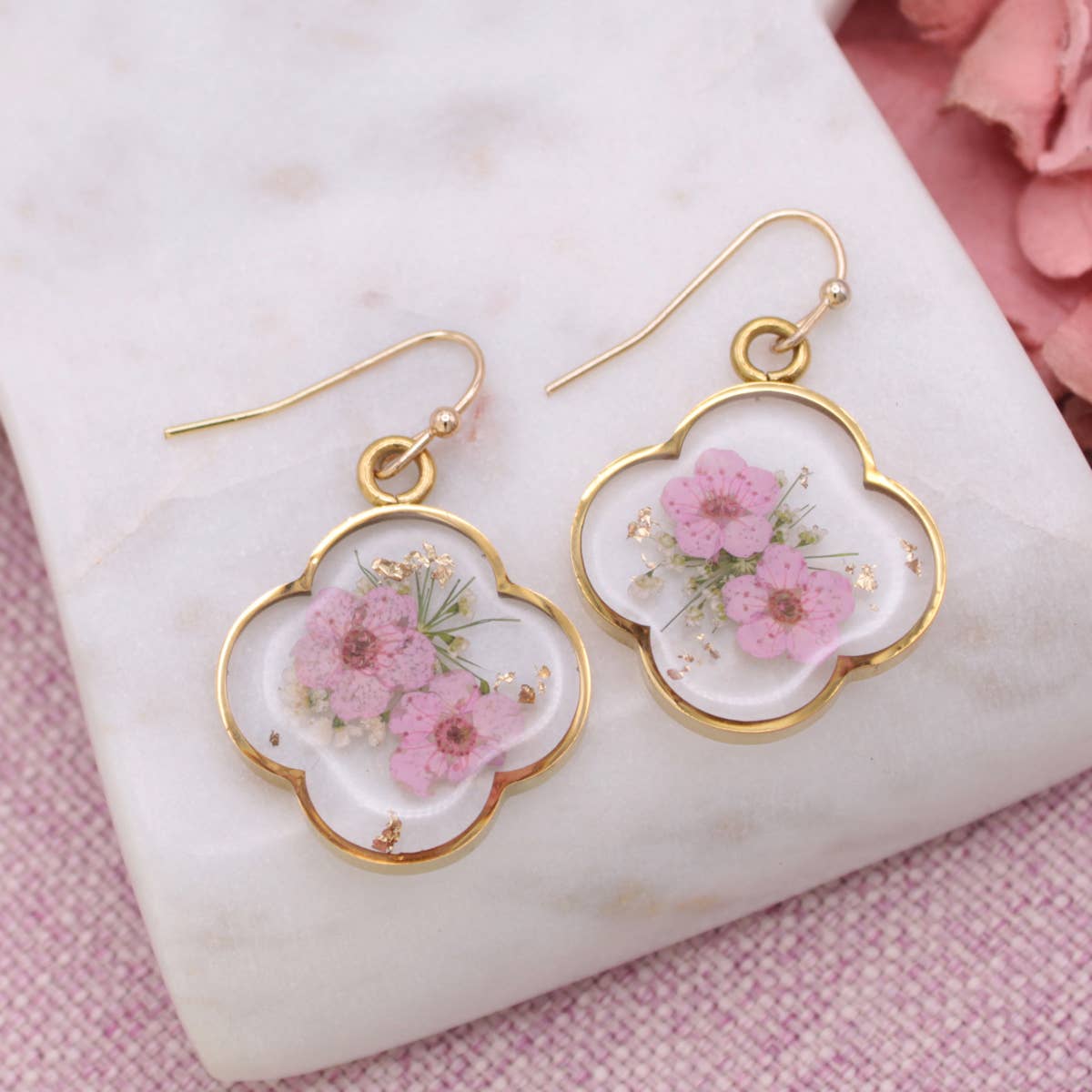 Pink Dried Flower Gold Clover Earrings