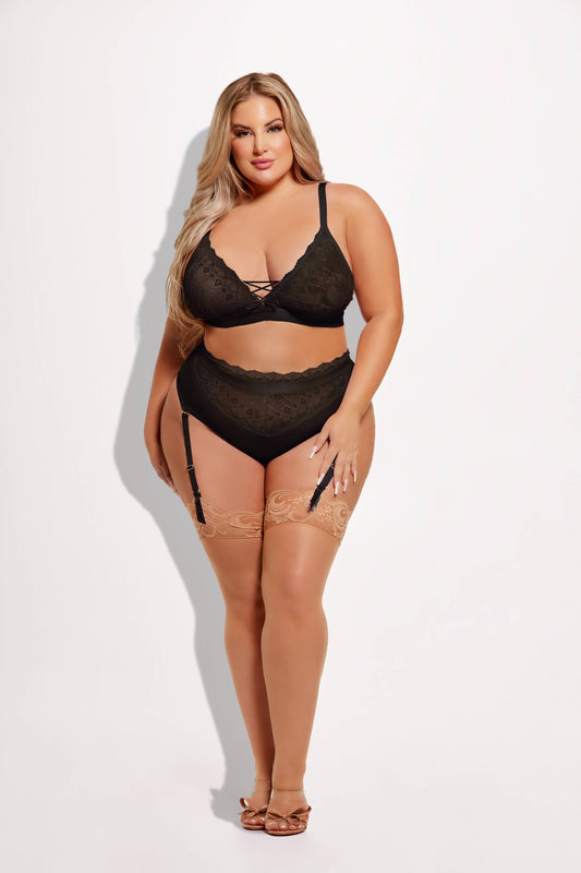 Vivienne lace mesh brallete and matching high waisted panty with removable garters & lace up details