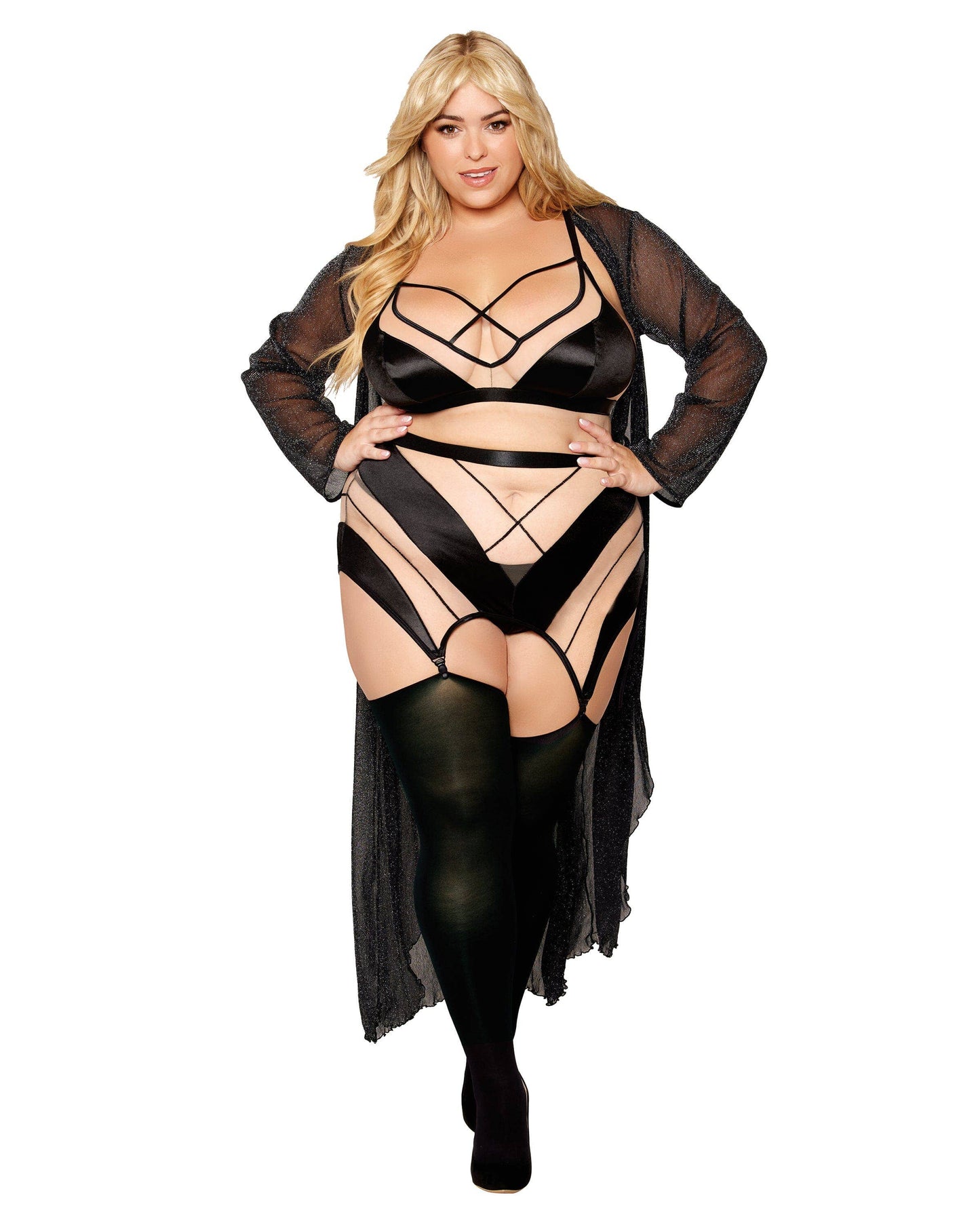 Dreamgirl Sheer Panel Bralette, Garter Skirt, and G-String Set: Black